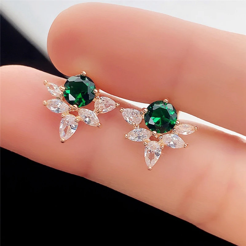 

1 Pair Embellished With Green Emerald Stone CZ Stud Earrings For Women Wedding Jewelry Engagement Gift Fashion Earrings