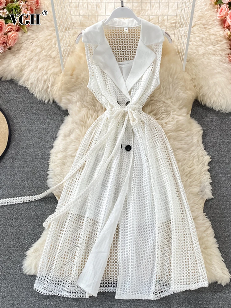 

VGH Hollow Out Elegant Dress For Women Notched Sleeveless High Waist Spliced Lace Up Lined A Line Dresses Female Fashion Clothes