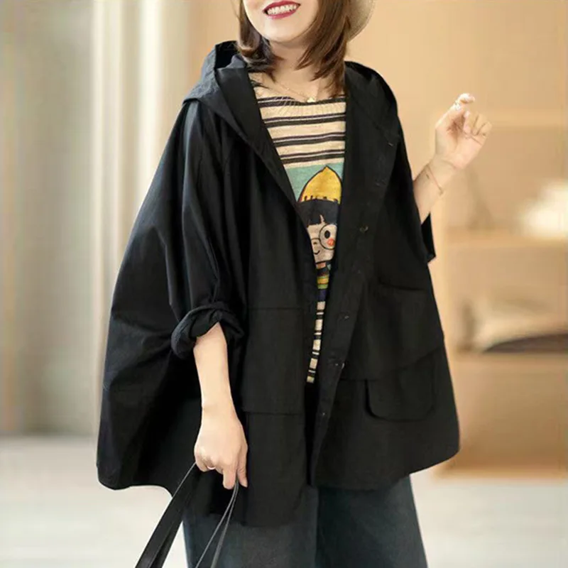 

New Autumn Winter Casual Coat Color 2023 Sleeve Long Women Solid Johnature Sweet Hooded Cotton Pocket Coats Loose Clothes Trench