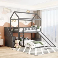 Home Modern Wooden Bedroom Furniture Beds Frames Bases Twin Over Twin Bunk Bed Two Drawers Slide House Bed With Slide White