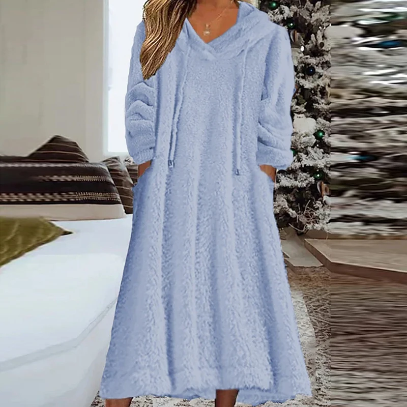 

Женское флисовое платье с капюшоном, повседневное однотонное свободное платье макси на завязках с карманами и длинным рукавом, винтажное платье-свитшот на осень и зиму