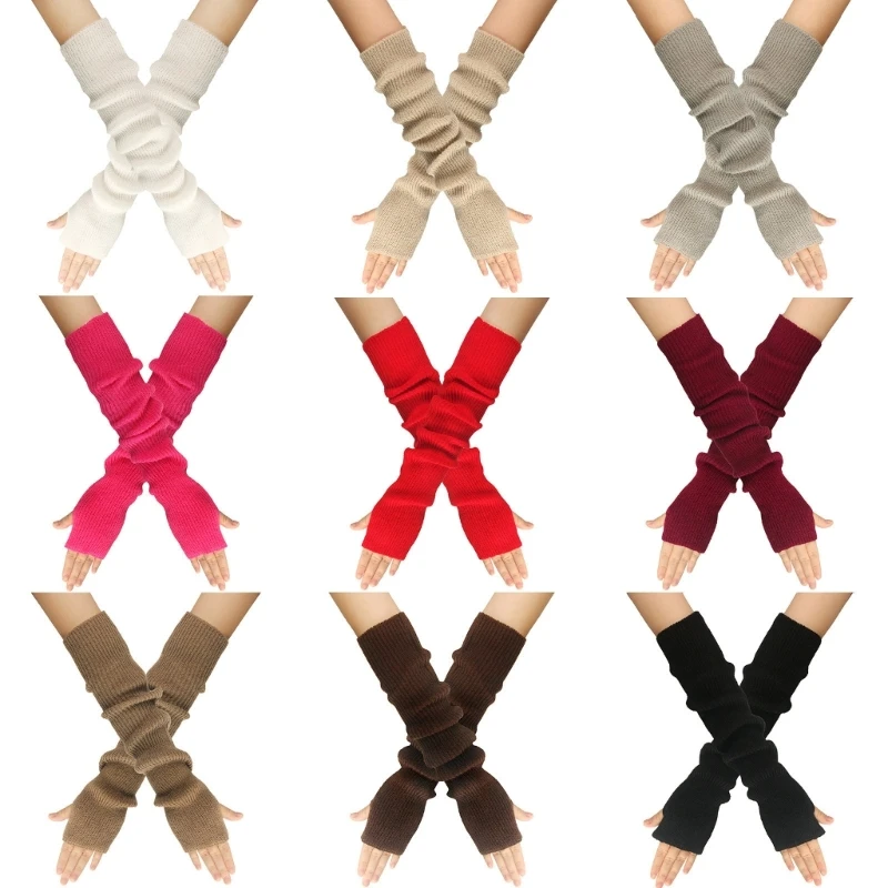 

Зимние перчатки на полпальца, Длинные вязаные рукава, эластичные однотонные варежки для девочек