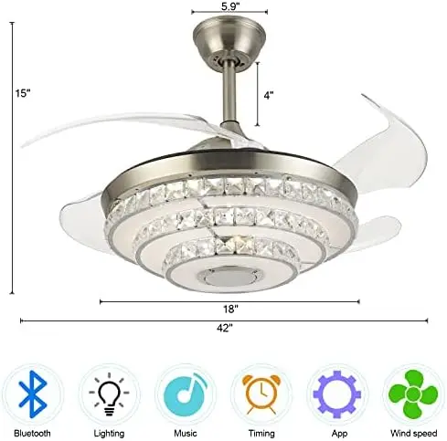 

Crystal Ceiling Fan Light with Bluetooth Speakers Dimmable Chandelier Fan with Light Remote Control Multi-Colors Changing and 6