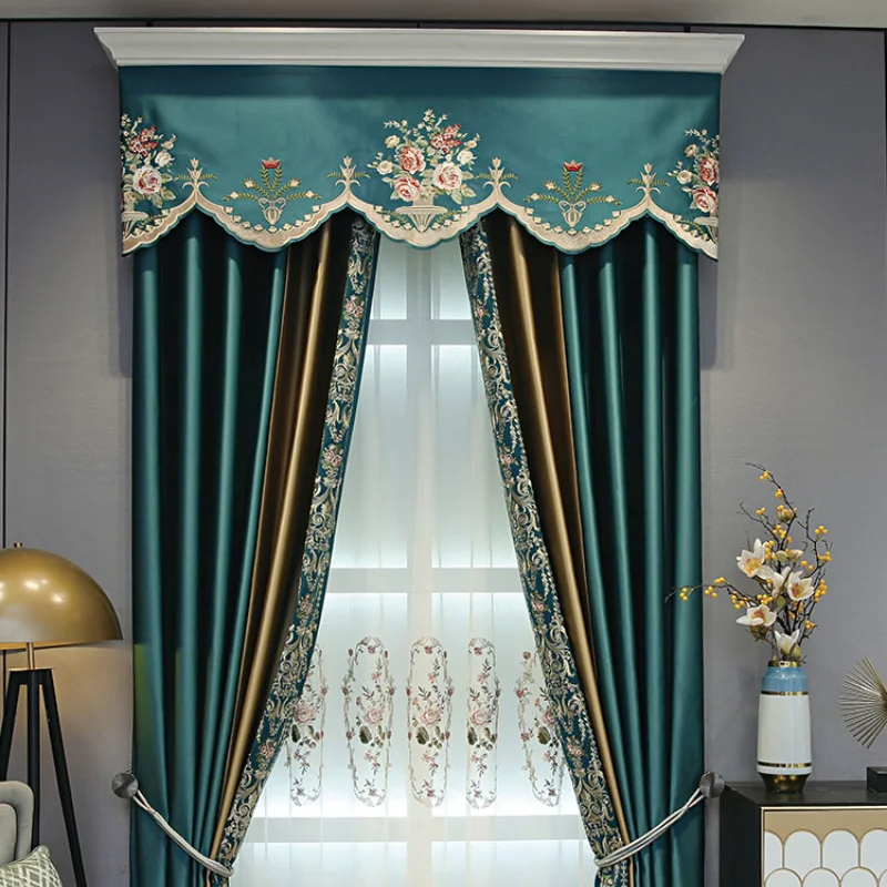 

New Chinese Style Light Luxury Modern Peacock Blue-green High-precision Imitation Silk Boutique Shading Embroidered Curtains