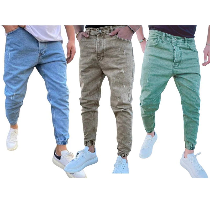 US Streetwear Khaki Ripped Jeans Men Skinny Slim Fit Elasticity Hip Hop Denim Trousers New Casual Jeans Mens Jogging Pants homme