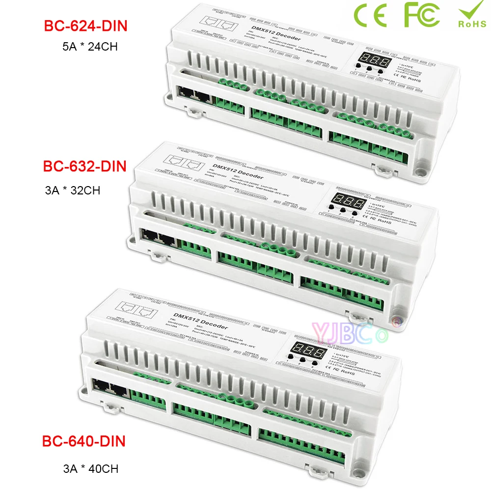 24CH 32CH 40CH DIN Rail DMX Decoder DC 12V-24V CV PWM RJ45 8-bit,16-bit DMX512/1990 Single color CCT RGB RGBW LED Controller