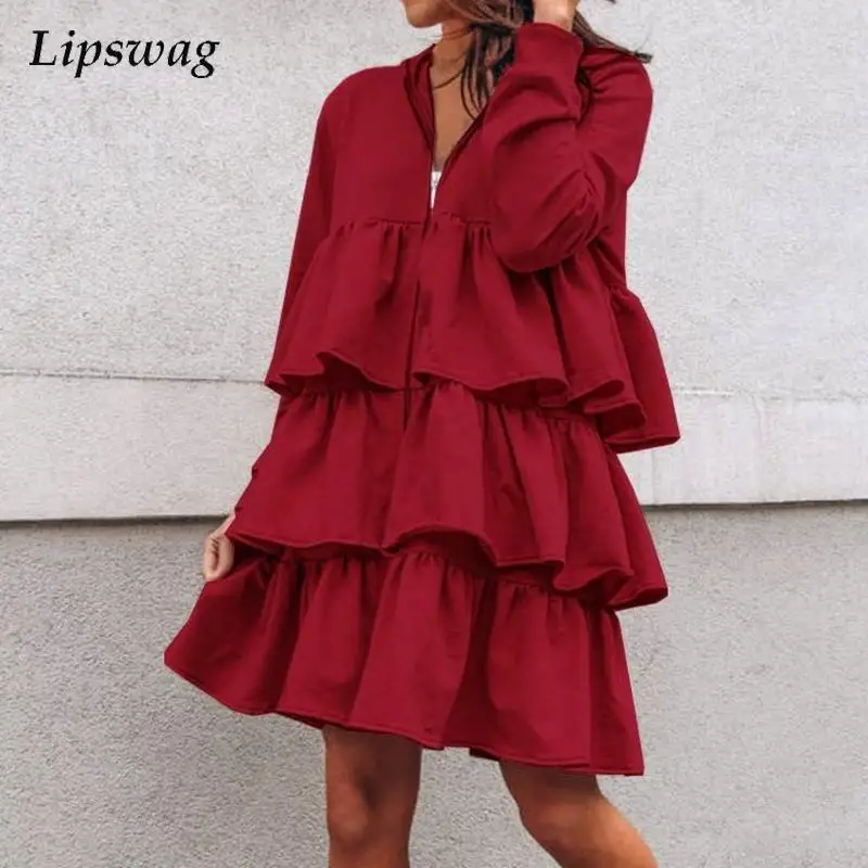 

Осеннее повседневное прямое платье на молнии, женское модное однотонное платье с многослойными оборками, женское элегантное пальто с длинн...