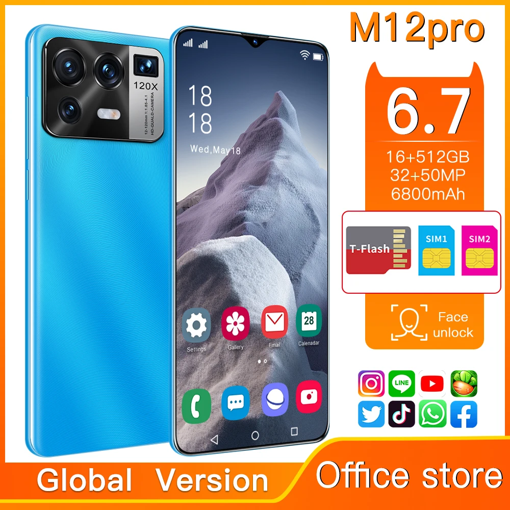 

Global Version M12 Pro 16G+512G 6800mAh 6.7 Inch Mobile Phone 10 Core Android 11 Cellphone 4G/5G LTE Network Dual SIM Smartphone