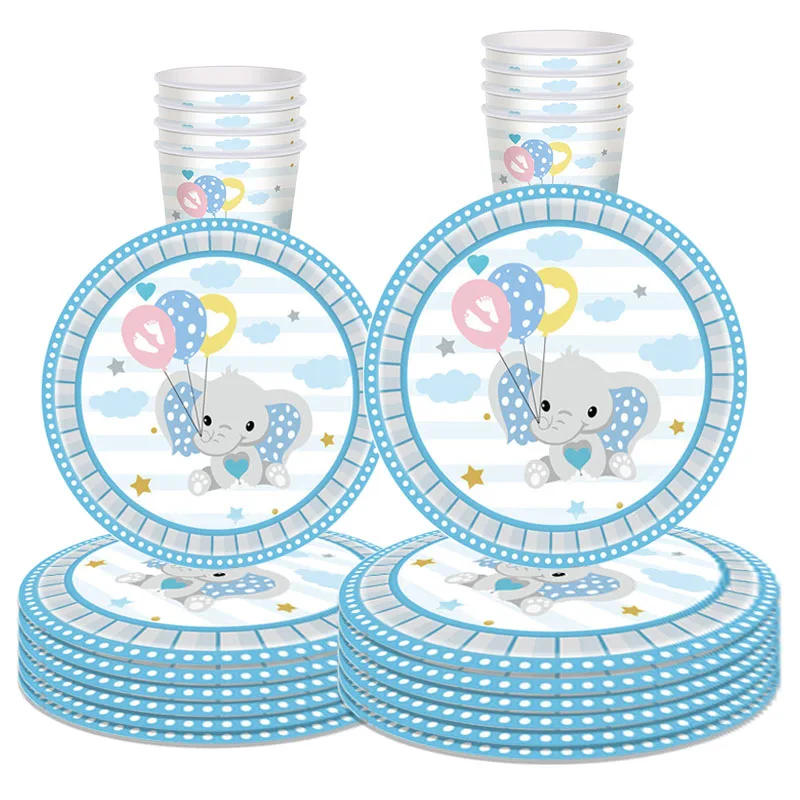 

Cartoon Elephant Baby Footprints Disposable Tableware Pink Plates Cups Kids Boys Happy 1st Birthday Party Baby Shower Supplies