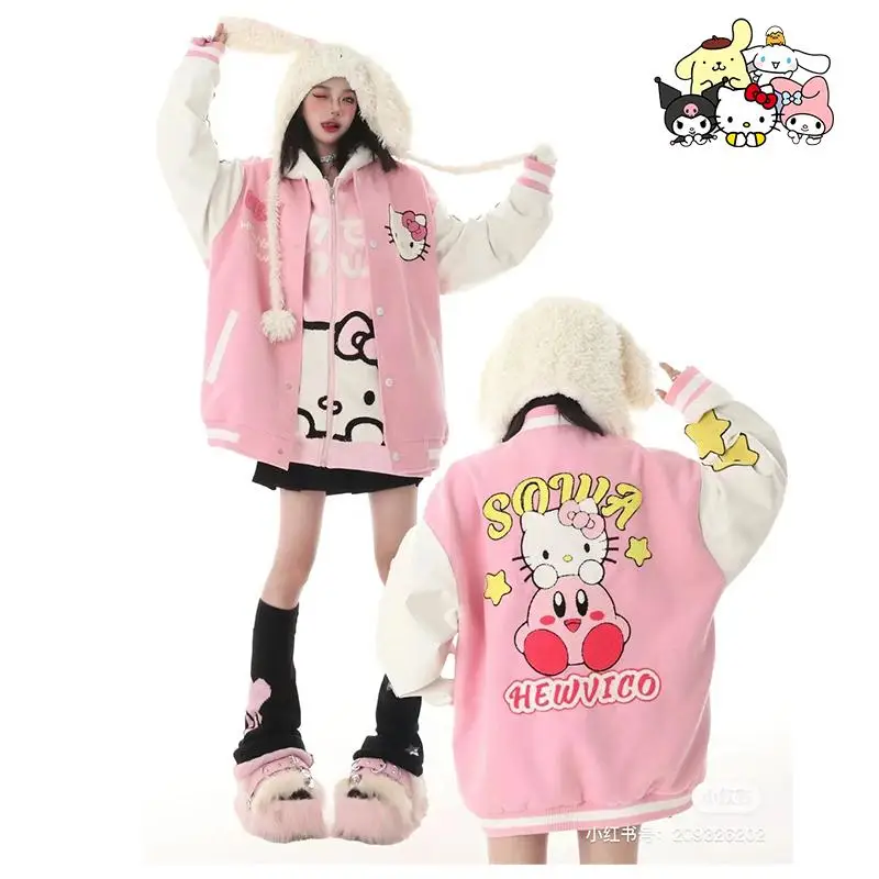 

Sanrio Hello Kitty Clothes Pink Jacket Baseball Fashion Coat Women Sweatshirt Plush Teenager Girl Luxury Design Embroidery