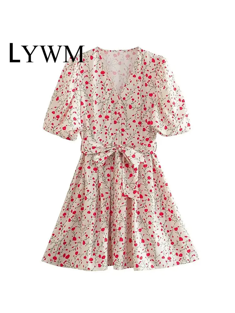 

LYWM Women Fashion Floral Printed With Belt Mini Dress Vintage V-Neck Puffed Sleeves Side Zipper Female Chic Lady Dresses