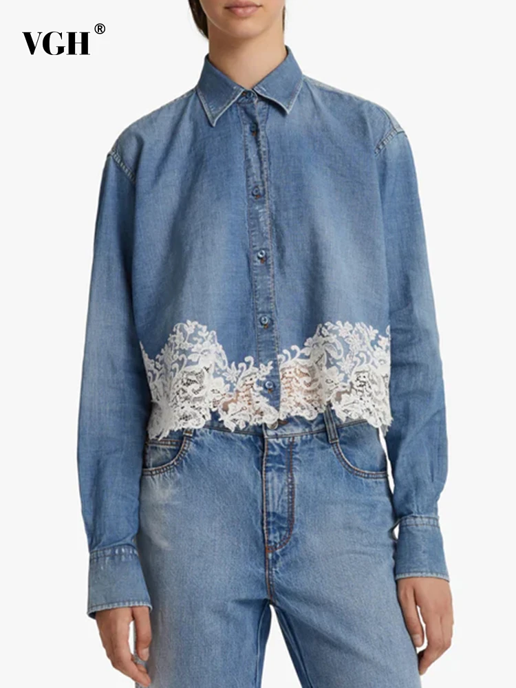 

VGH Spliced Lace Casual Denim Shirt For Women Lapel Long Sleeve Patchwork Single Breasted Temperament Loose Blouse Female New