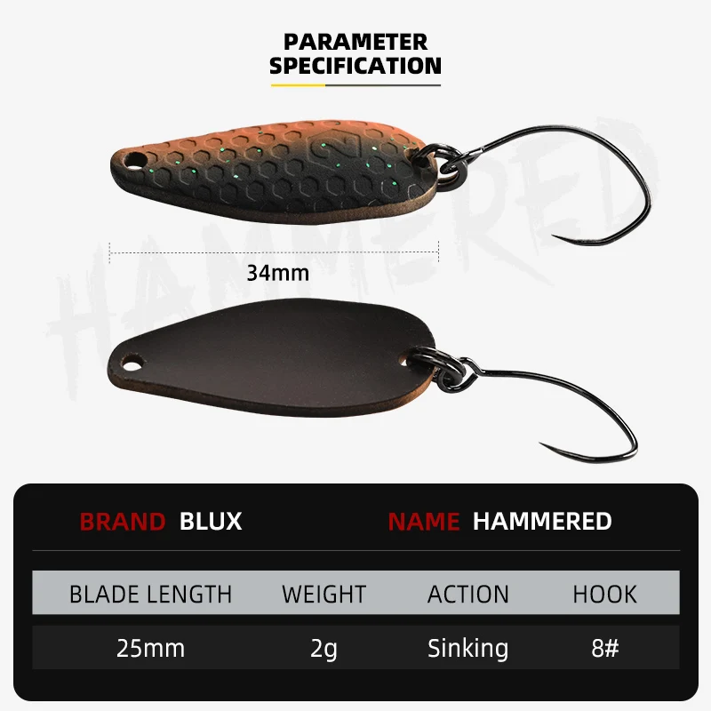 Фото Металлическая приманка-блесна BLUX HAMMERED 2г для ловли форели, разноцветная, из латуни и меди, для пресноводной рыбалки на уклейку, окуня, лосося №2