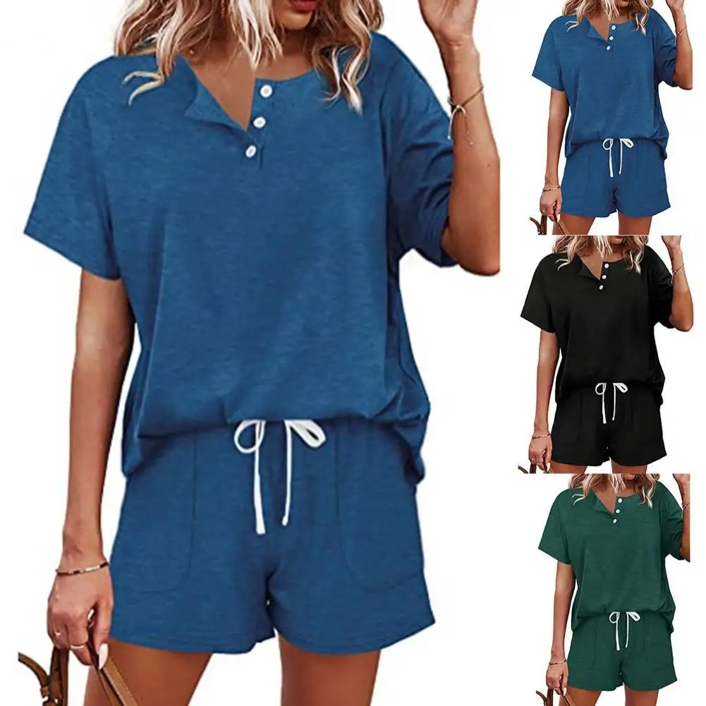 

2Pcs/Set Short Sleeve Drawstring Side Pockets Women Outfit Button Down Top Shorts Set Tracksuit Running Set chandals mujer 2022