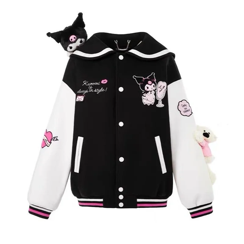 

Y2K Kawaii Sanrio, Hello Kitty бейсбольная Униформа женская одежда милое мультяшное свободное хлопковое пальто с вышитыми лацканами Топы