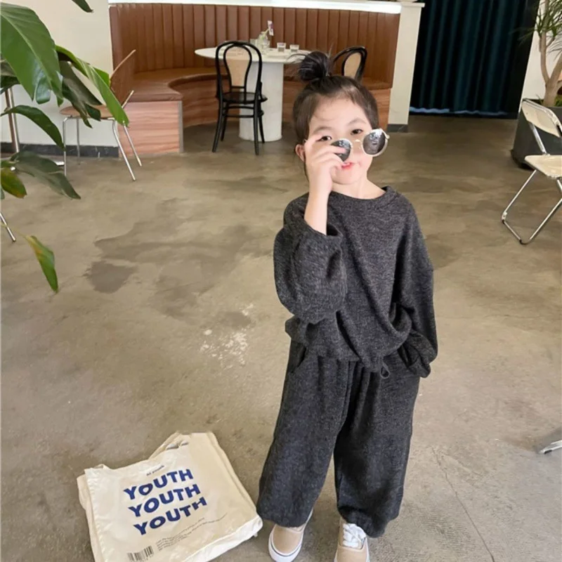 Girls Suit Sweatshirts +Pants Cotton 2Pcs/Sets 2022 Grey Spring Autumn Thicken Comfortable Suits Sets Kid Baby Children Clothing