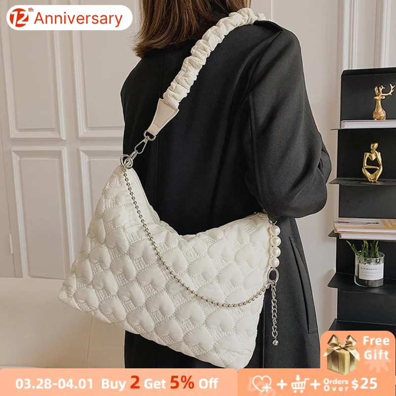 

Pearl Chain Women Shoulder Bags Fashion Heart Pattern Ladies Hobos Purse Handbags Female Small Tote Top-Handle Messenger Bag