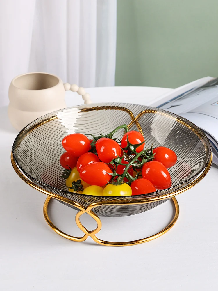 

Creative Striped Glass Fruit Plate Metal Rack Coffee Table Sundries Storage Tray Transparent Candy Grain Plate Home Decoration