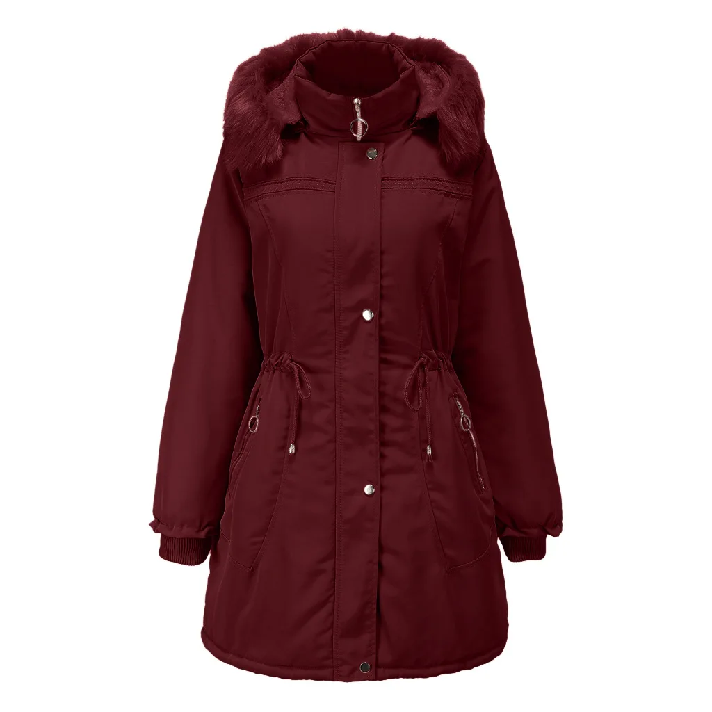 EU Size Red Black With Fur Hat Thick Warm Casual Women's Winter Zip Up Jacket For 2022 Bomber Cargo Coat Padded Oversize Parkas