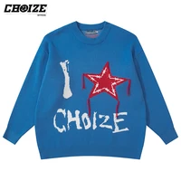 choize blue star embroidery sweater women men oversize korean fashion black pullover o neck letter print harajuku jumper top