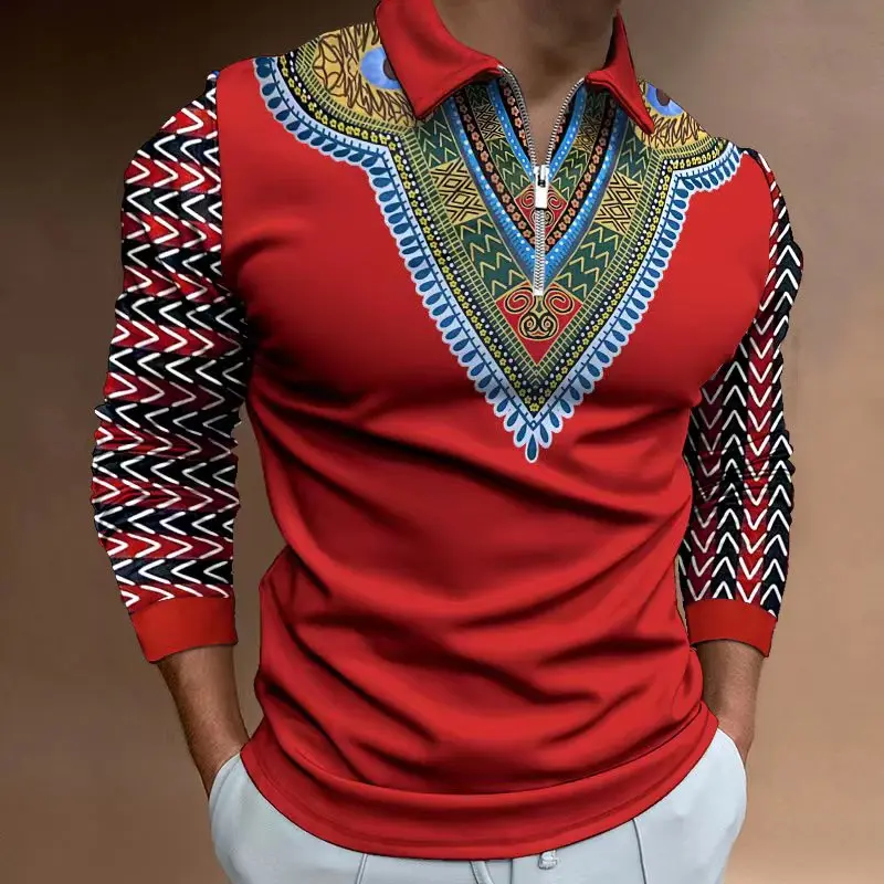 Купи Autumn 2022 African Print Long Sleeve Polo Shirt Men's casual retro ethnic clothing in European size S-3XL за 198 рублей в магазине AliExpress