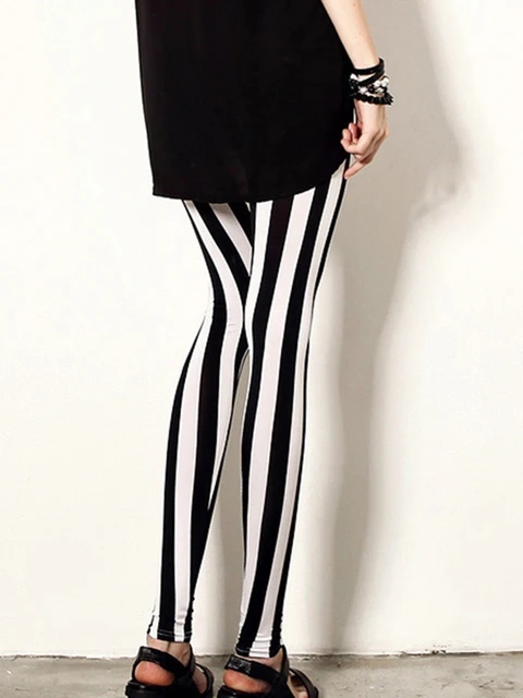 Black White Pants Striped Elastic Trousers Print Fitness Leggings For Women Sporting Workout Leggins 5