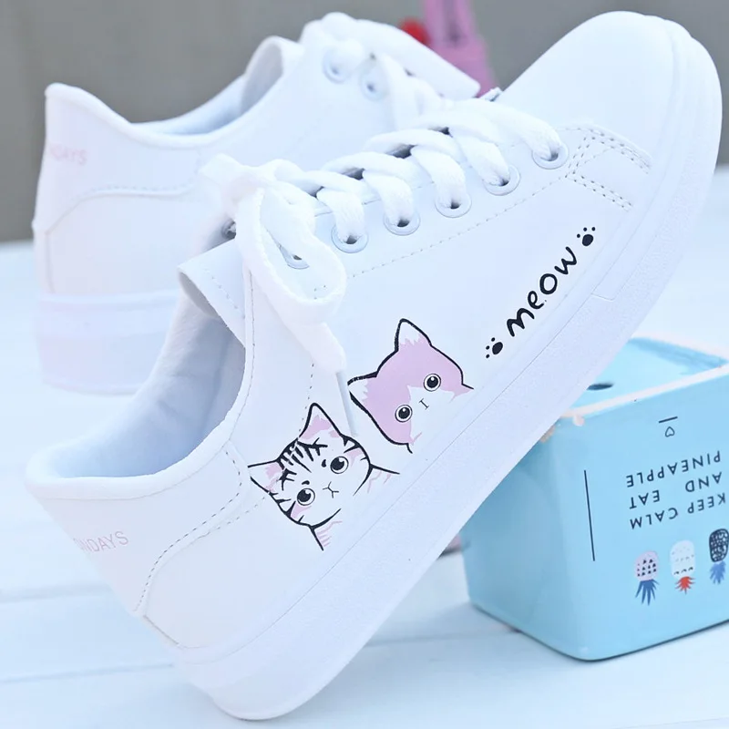 

White Shoes Women's Autumn 2021 New Korean Style Cat Casual Fresh Shoes Artistic Flat Sneakers Student White Shoes