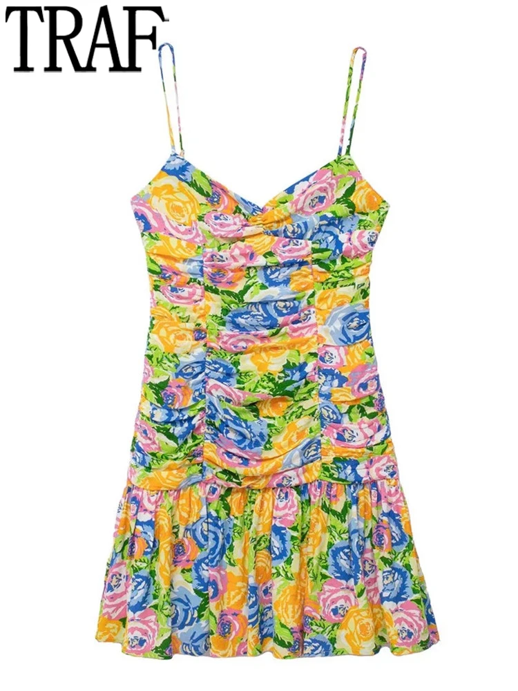 

Облегающее платье-комбинация TRAF, женское винтажное мини-платье с цветочным принтом, женские пикантные вечерние платья с оборками, пляжные л...