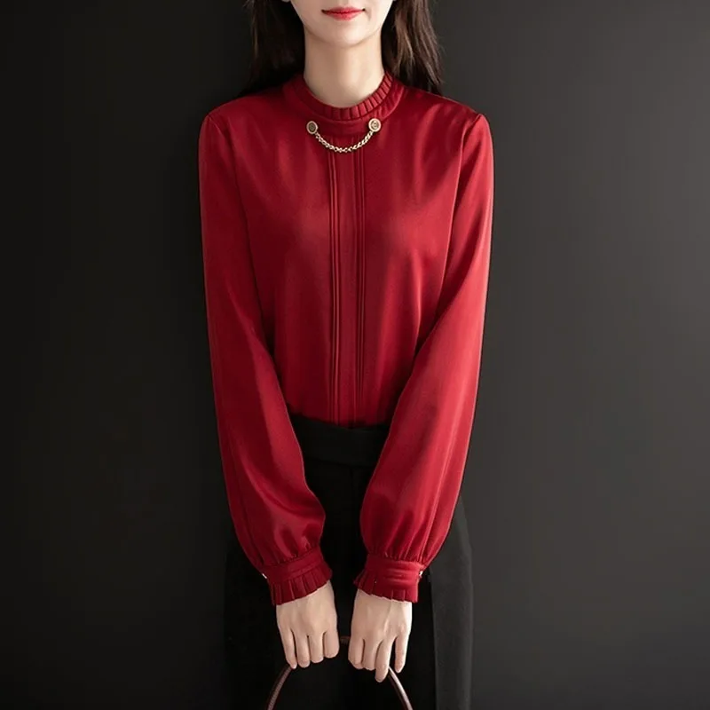 

Office Lady Elegant Ruffle Pleats O-Neck Thin Loose Straight Flare Sleeve Women Blouse Chiffon Metal Chain Decoration Pullover