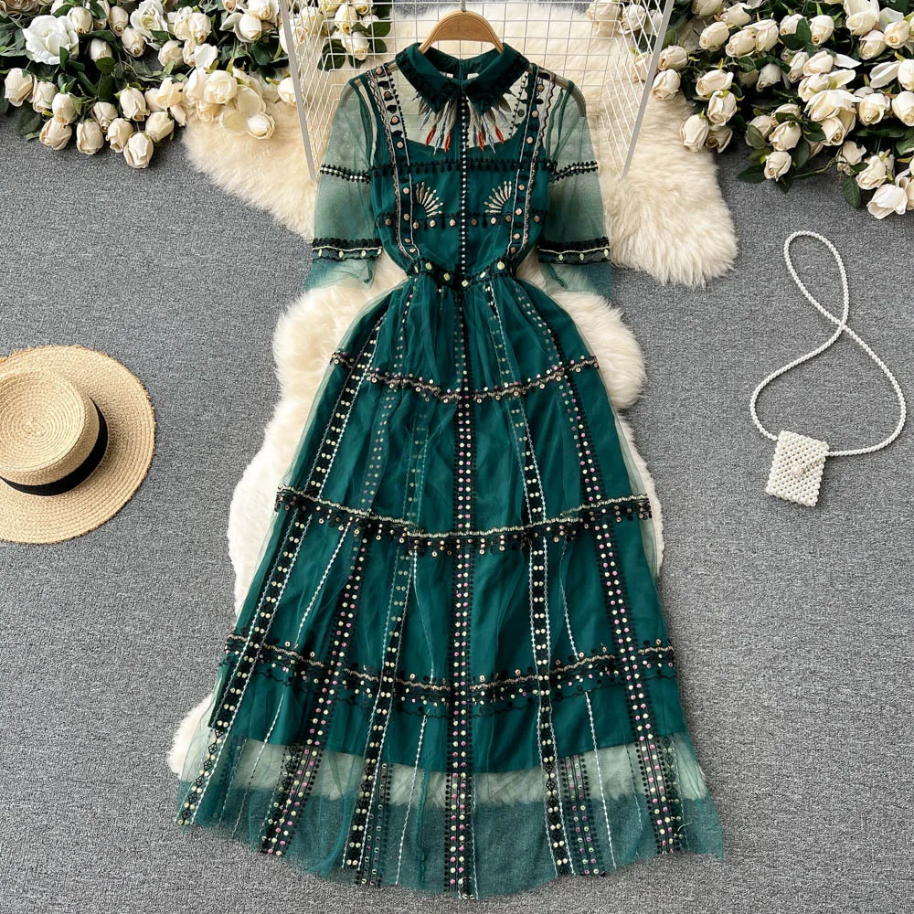 

Женское винтажное платье-трапеция из тюля, Длинное Элегантное французское платье с цветочной вышивкой, отложным воротником и рукавами-фонариками, расшитое бисером, лето