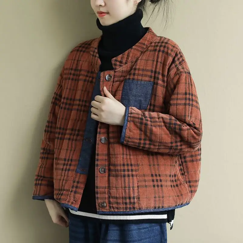 New Winter Coat for Women Oversize Jackets Plaid Cotton Jacket Loose Harajuku Korean Fashion Short Tops Cotton Clothing
