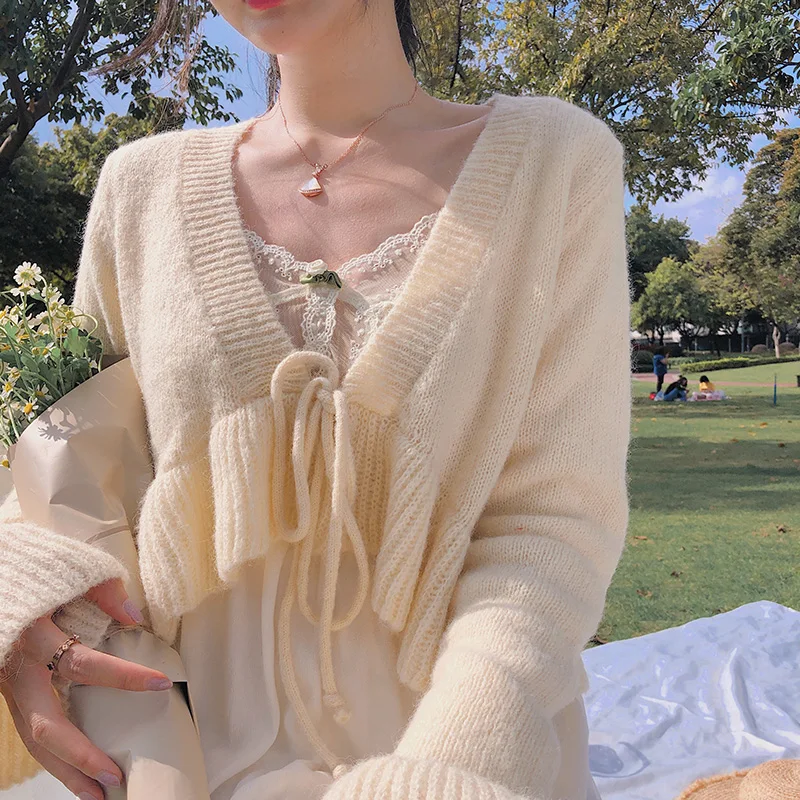

Women 2021 Fall Long Sleeve Tied Cropped Knitted Cardigan Sweater Winter Vintage Wrap Apricot Female Chic Short Tops Outerwear