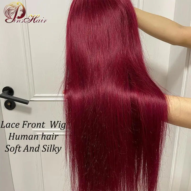 99J Red Lace Front Human Hair Wigs Brazilian Bone Straight Lace Frontal Wig Pre Plucked For Women Remy Human Hair 180% Density