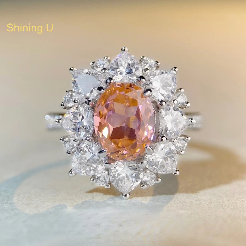 

Shining U S925 Silver Padparadscha Gems Full Diamond Ring for Women Oval Heartshape Finejewelry Anniversary Gift