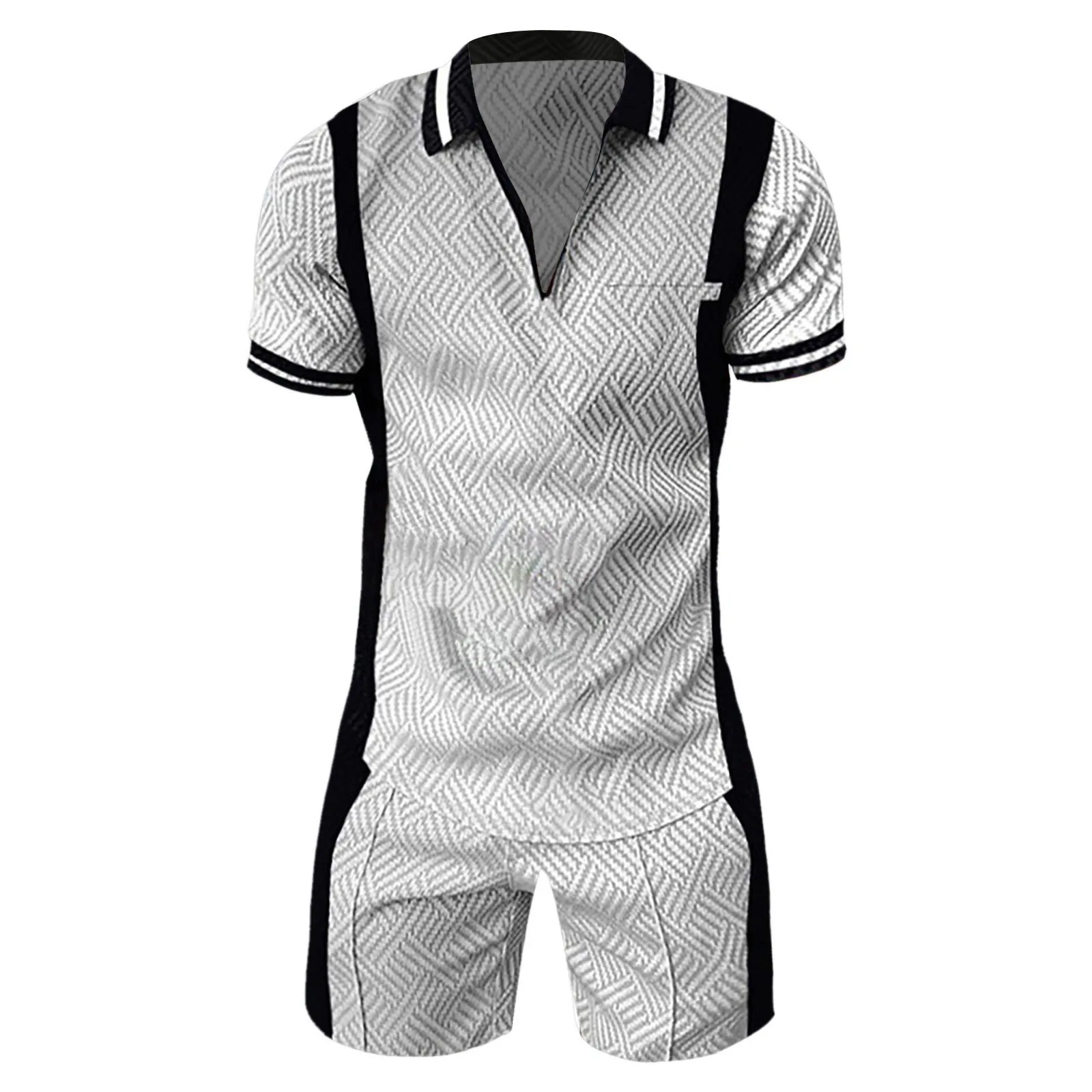 Men Casual Stripe Print 2 Piece Suit  Color Block Polo Shirt Breathable Shorts Male Set Ropa Hombre Streetwear Dailywconjuntos