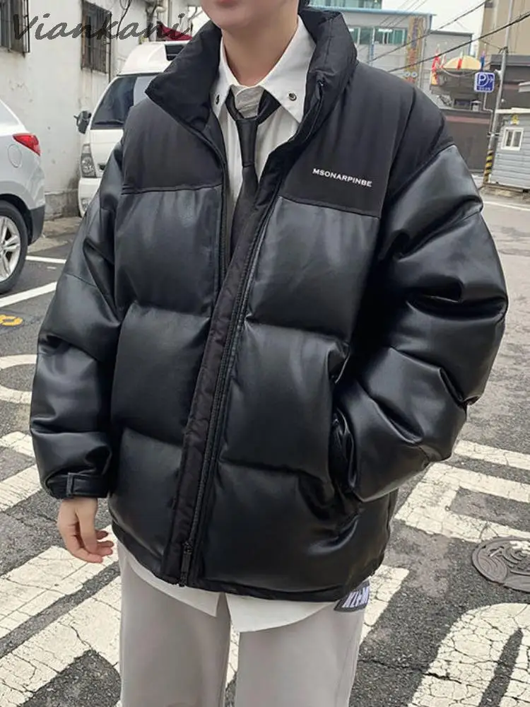 Leather Padded Jacket Men Thickened Winter 2022 New Hip Hop Warm Splicing Jackets Korean Trend Hip Hop Cool Streetwear Coats