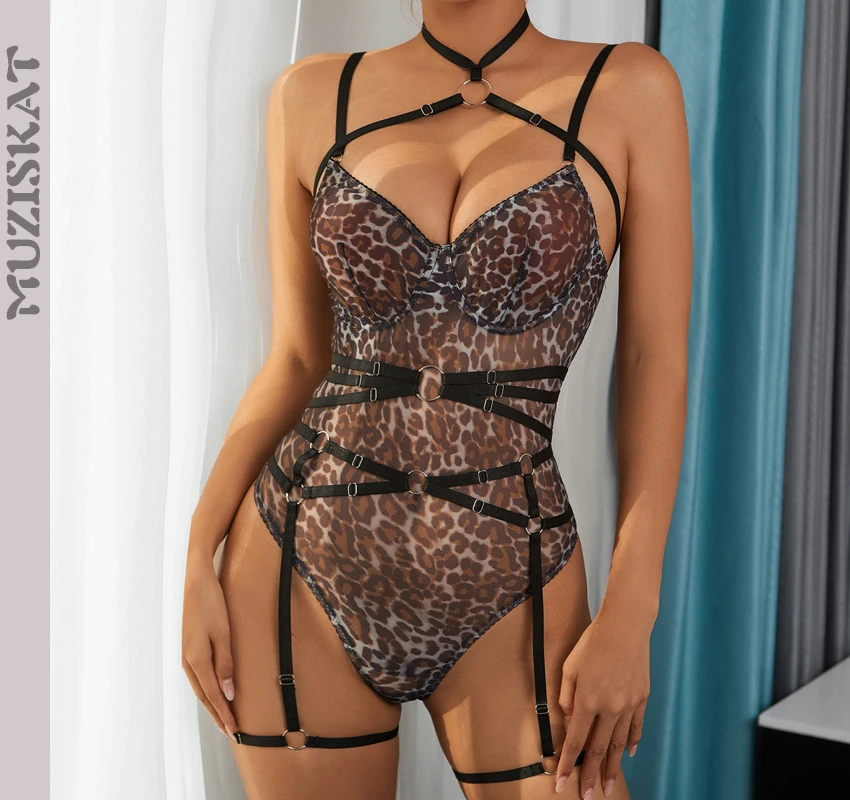 

MUZISKAT Summer New Sexy Neck Garter Leopard Mesh Body Shaping Garter Bodysuit