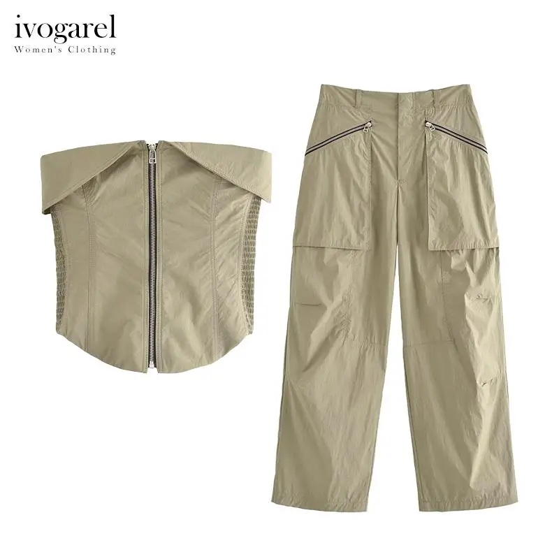 

Ivogarel Zip-Up Bustier and Zipped Trousers Set Traf Women's Exposed Shoulders Bustier Mid-Rise Pants Contrast Topstitching