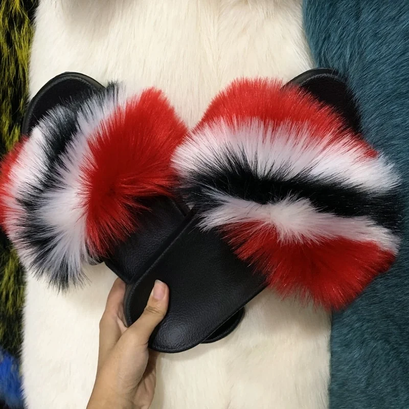 2022 Summer Womens Plush Fluffy Sandals Real Faux Fur Slippers Women Flat Slides Home Flip Flops Female Slipper Sapato Feminino