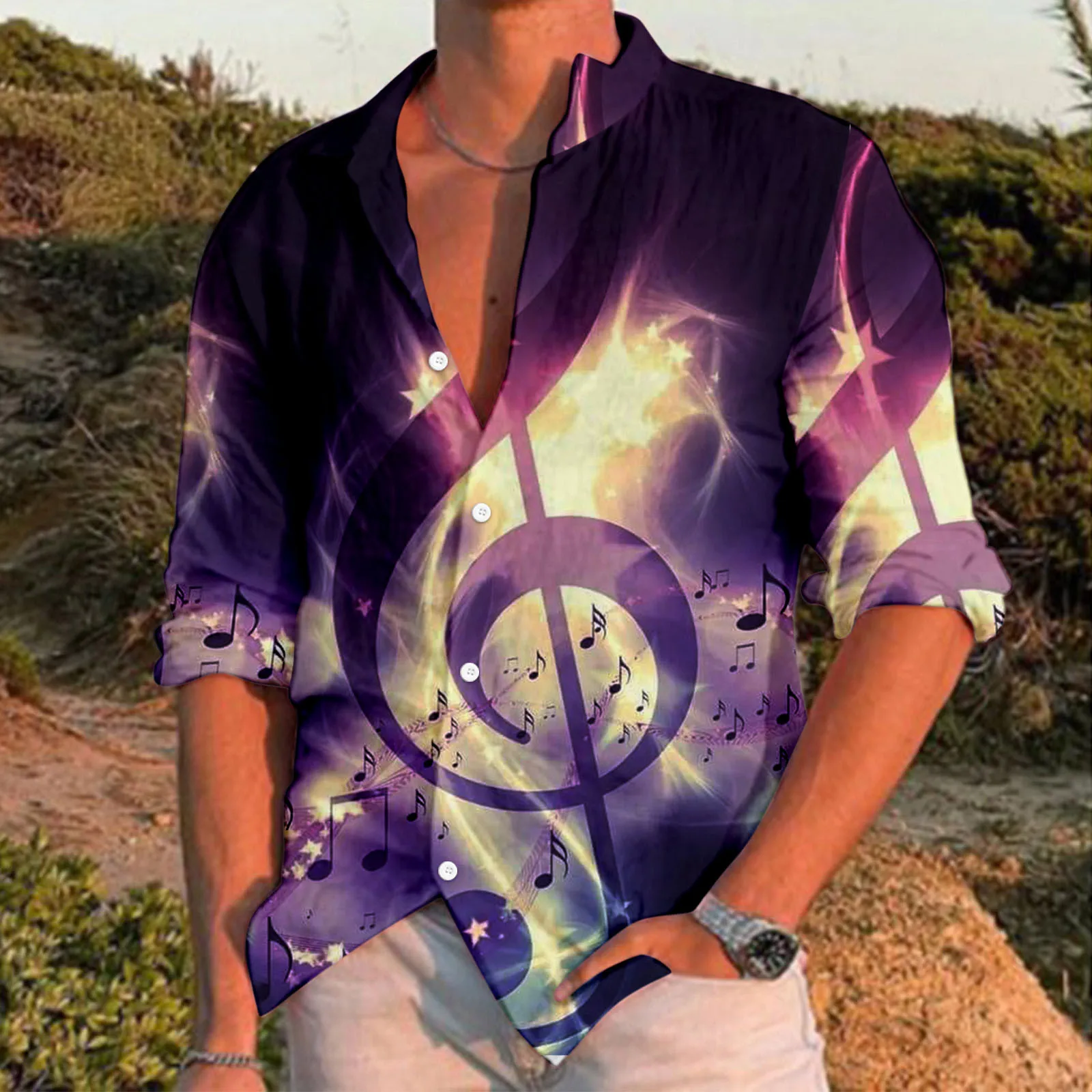 

Male Casual Music Print Shirt Long Sleeve Turn Down Collar Shirt Thermal Shirts Men