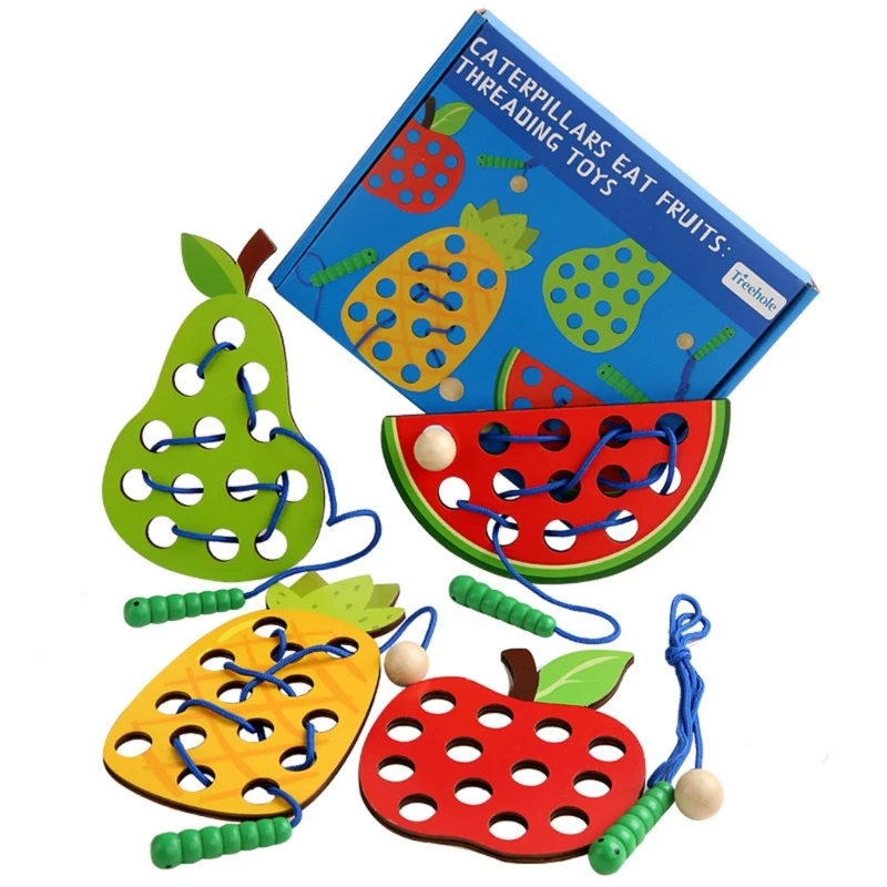 

4PCS Wood Lacing Toy for Toddlers Watermelon Pineapple Pear Threading Toy Educational Learning Montessori Toy