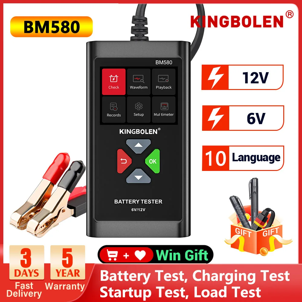 

KINGBOLEN BM580 Battery Tester 12V 6V Car Battery Charger Tools Start-Up Circut Charging Test Automotive Analyzer PK KW650 KW208