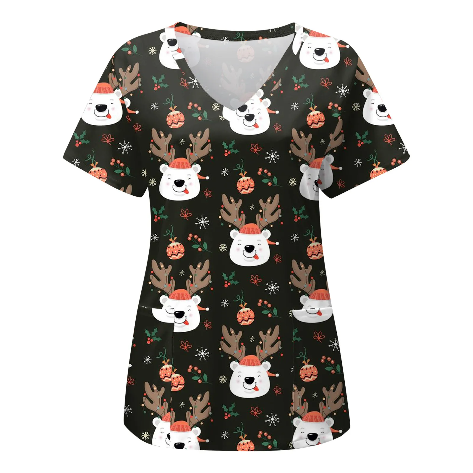 

Christmas Nurse Uniform Womens Scrubs Tops Short Sleeve V Neck Cartoon Elk Print Top Nurses Working Blouse With Pockets Uniforme