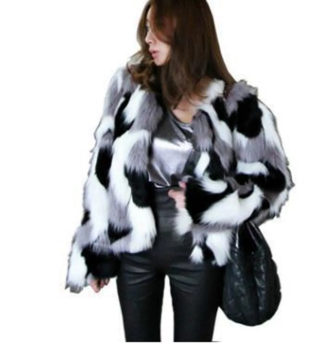 Women's Fur Jacket Winter Imitation Fur Coat Loose O-neck Short Mixed Color Coat Faux Fur Coat