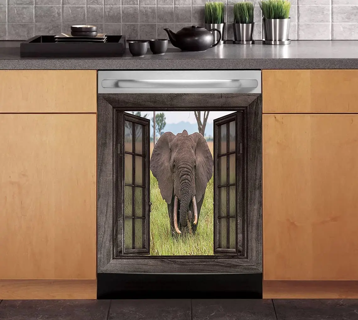

Elephant Animal Dishwasher Cover Magnetic Decorative Sticker,Funny Animals Chicken Fridge Door Cover Sheet, Vintage Windows Dish