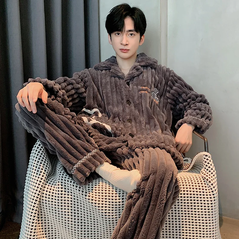 QUHENG 2022 Flannel Pajama Sets Men Autumn Winter Thick Warm Long Sleeve Coral Velvet Sleepwear Suit Loungewear Home Clothes