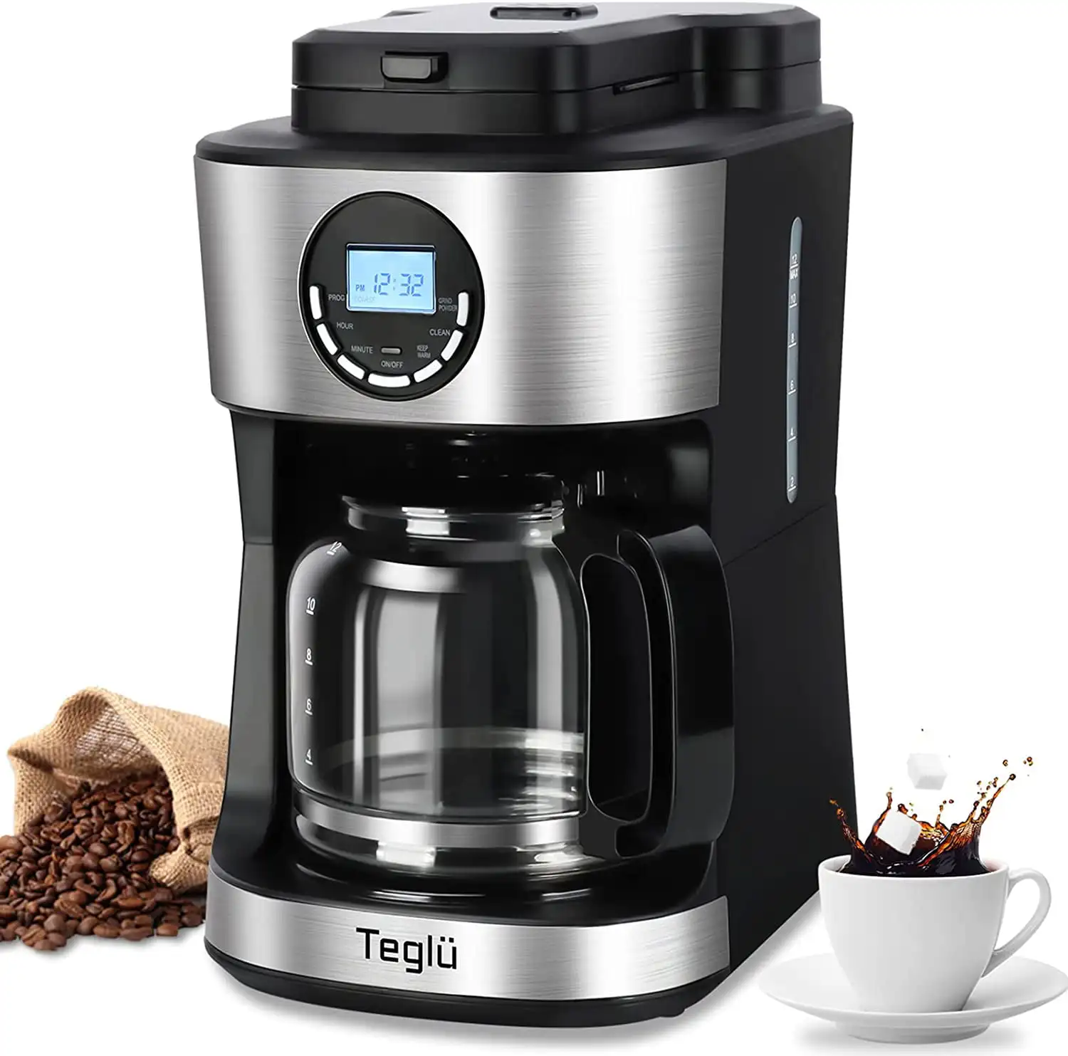 

Coffee Maker with Grinder 12 Cups, Programmable Grind and Brew Coffee Machine with Warming Plate, Automatic Drip Coffee Pot with