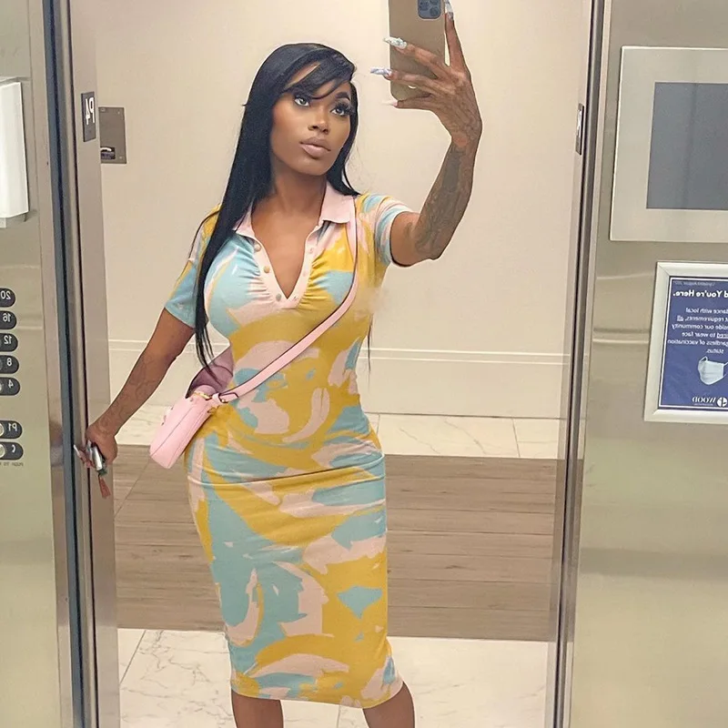 

summer short sleeve bodycon dress women knee length v-neck high waist dye print vestidos elegant party dresses pleated