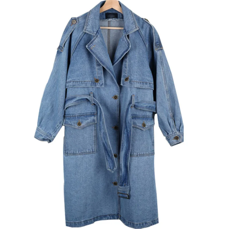 Корейский пояс свободный джинсовый плащ женское длинное однобортное пальто