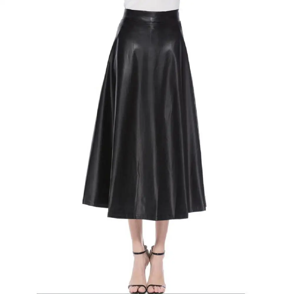 

Fashion Women Solid Color Faux Leather High Waist Zipper Large Swing Long Skirt